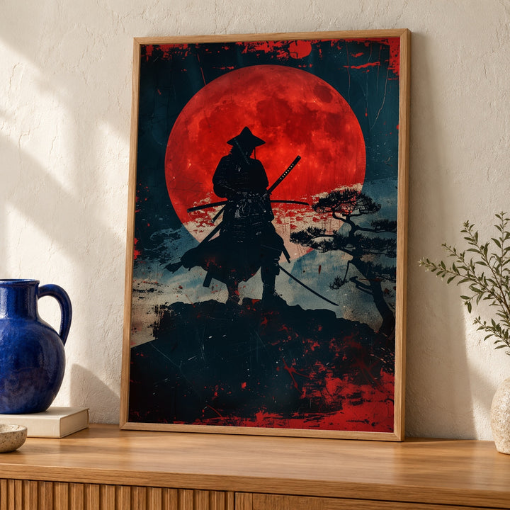 Samurai Blood Moon Wall Art, Japanese Ronin Katana Print