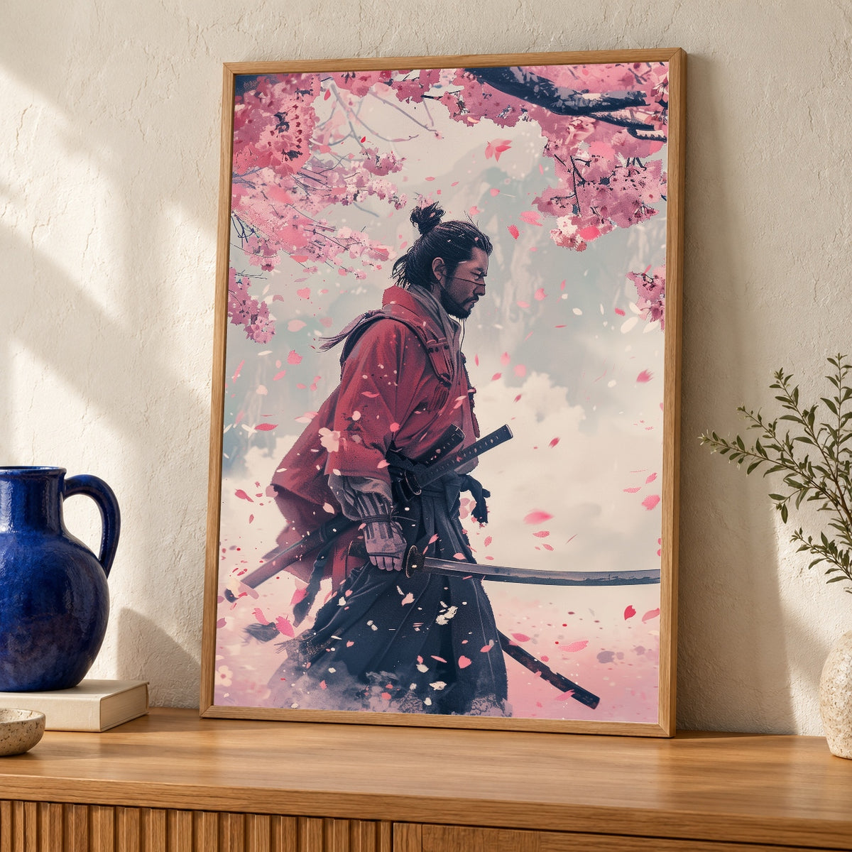 Samurai Wall Art, Japanese Ronin Sakura Print — oak frame room mockup