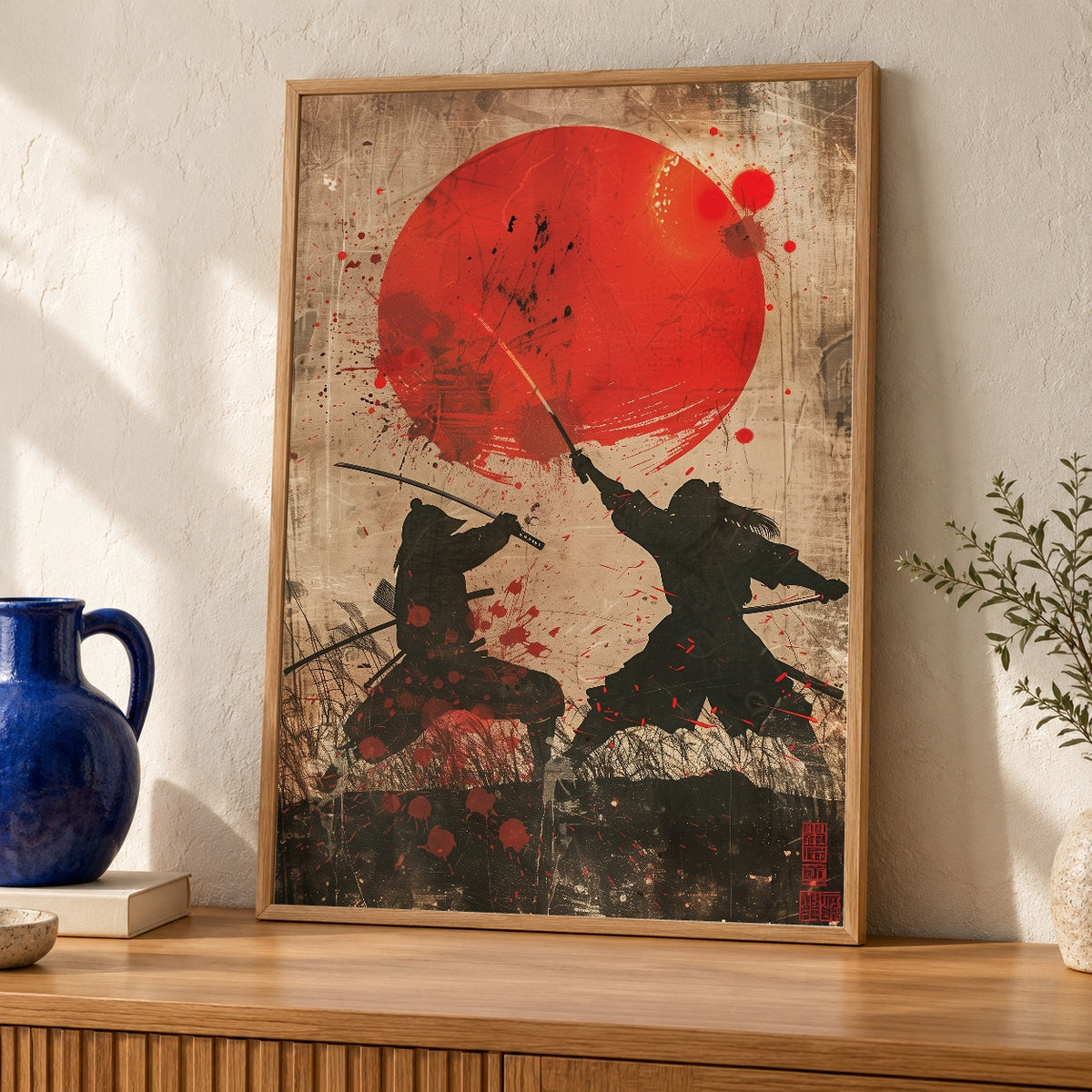 Samurai Duel Wall Art, Japanese Sword Fight Print, Retro Red Sun — oak frame room mockup