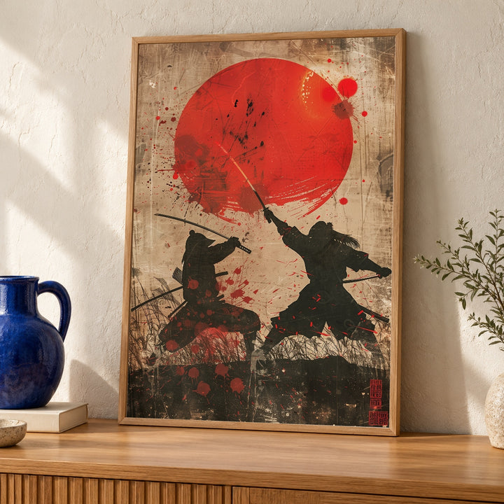 Samurai Duel Wall Art, Japanese Sword Fight Print, Retro Red Sun
