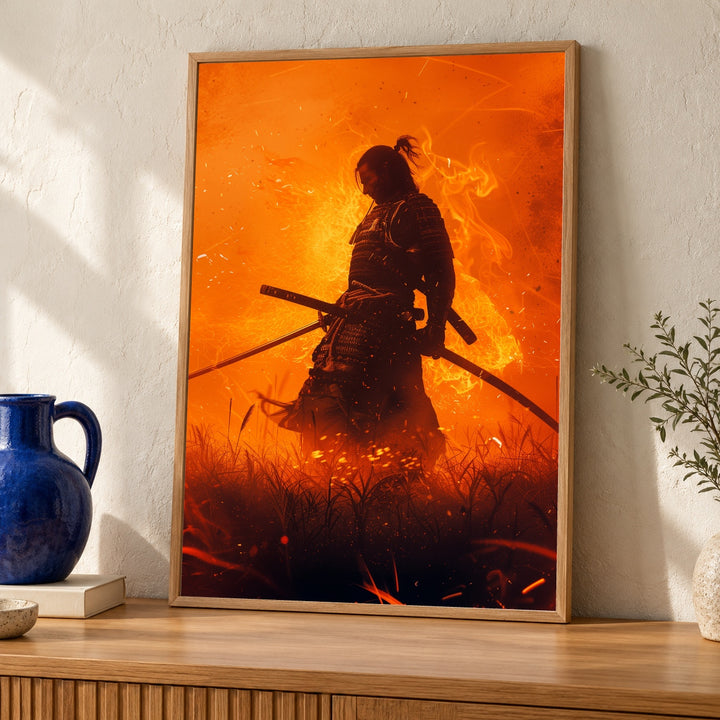 Samurai Fire Art, Japanese Warrior Katana Print