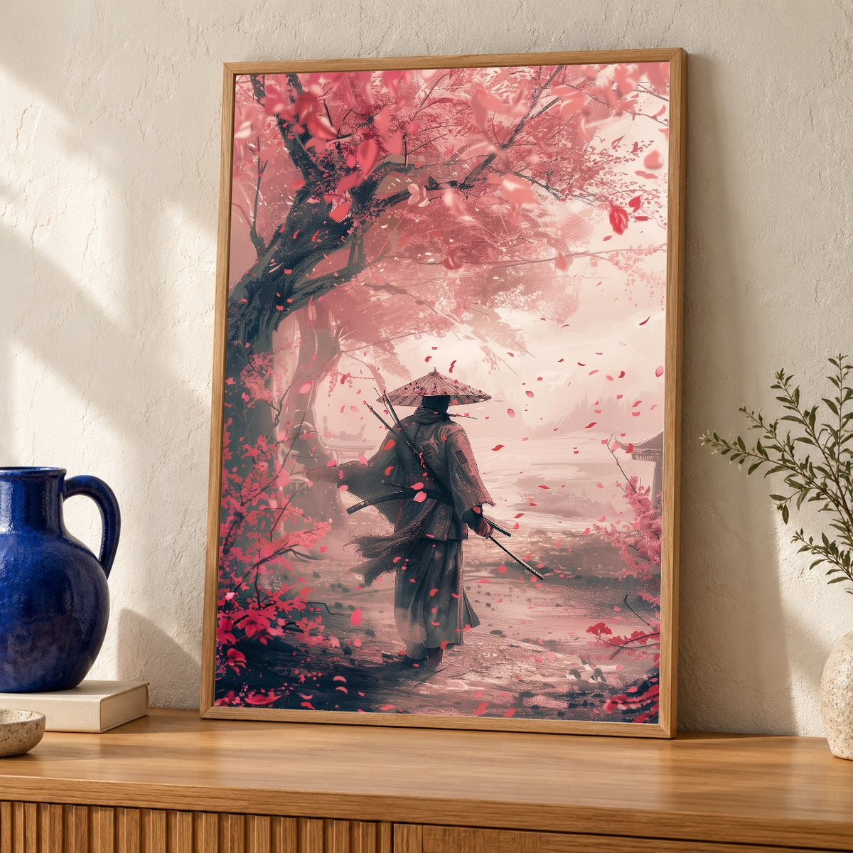 Samurai Wall Art, Japanese Ronin Cherry Blossom Print — oak frame room mockup