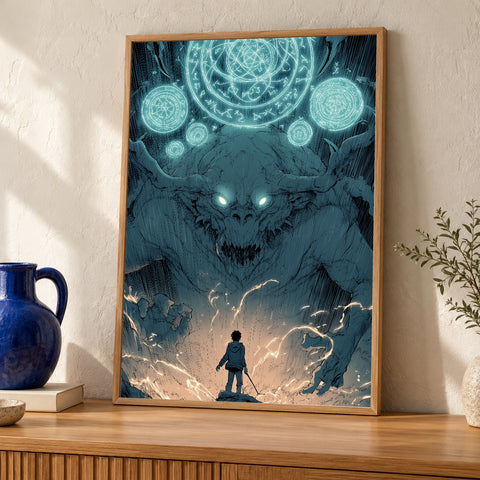 Dark Fantasy Art, Anime Demon Summoning Print — oak frame room mockup