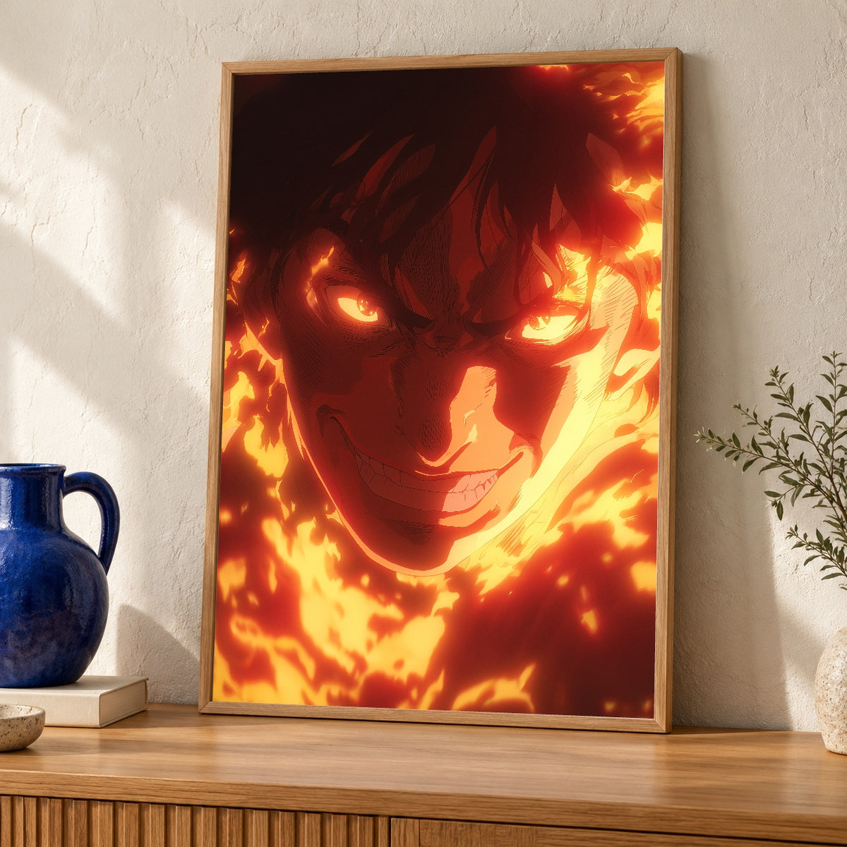 Anime Warrior Art, Retro Manga Fire Print — oak frame room mockup