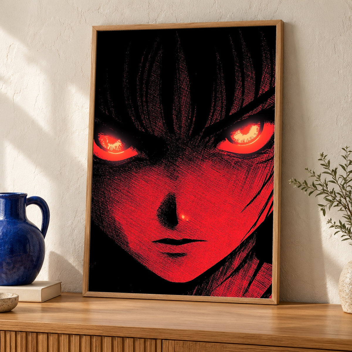 Dark Fantasy Art, Glowing Red Eyes Anime Print, Manga Poster — oak frame room mockup