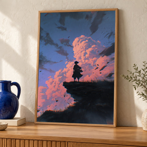 Dark Fantasy, Anime Warrior Cliff Sunset Print, Gamer Gift — oak frame room mockup