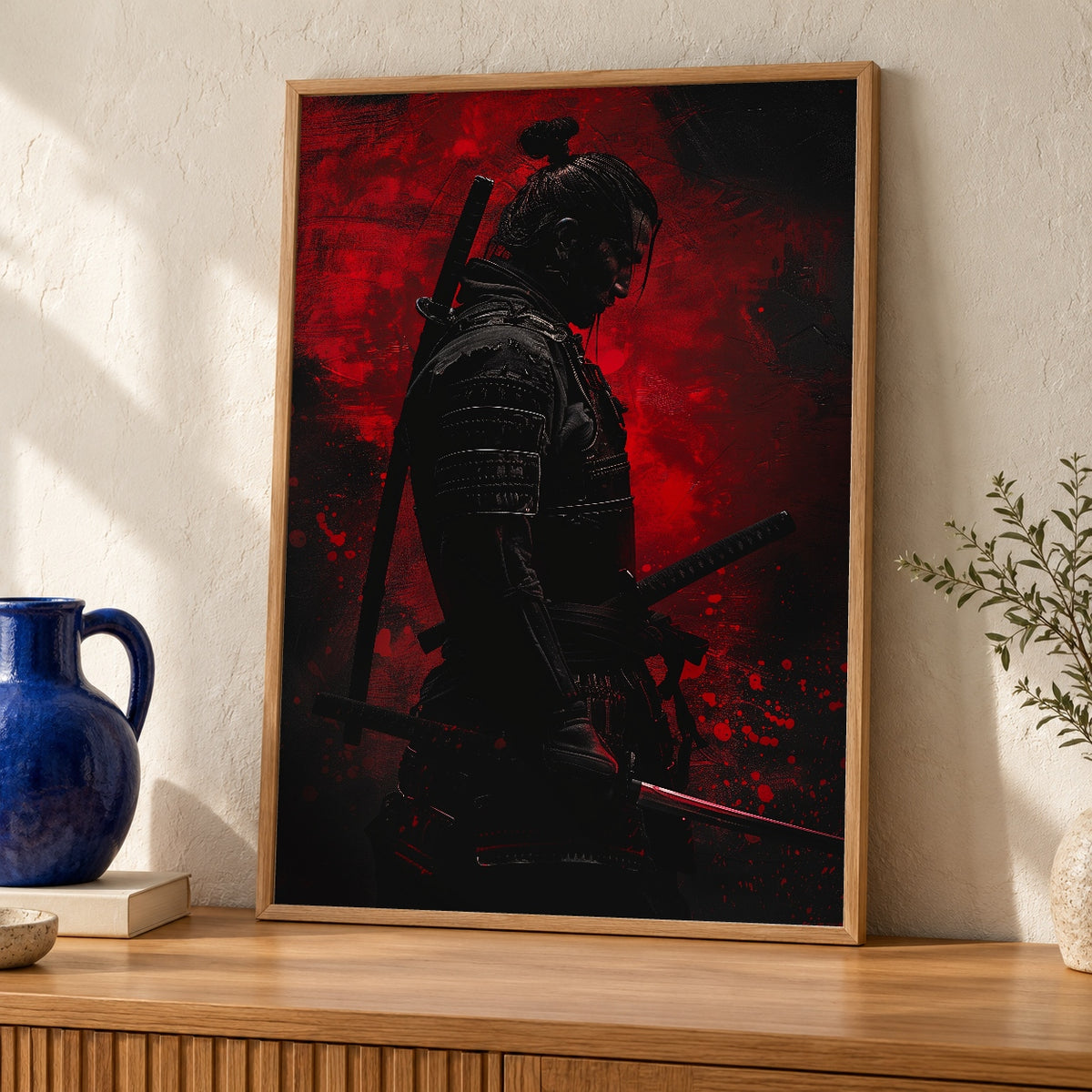 Samurai Wall Art, Dark Warrior Silhouette Print, Japan Red — oak frame room mockup