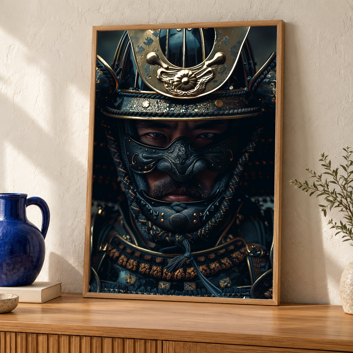 Samurai Warrior Art, Japanese Kabuto Armor Portrait, Masculine Print — oak frame room mockup