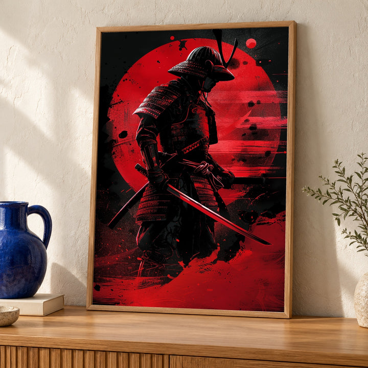 Samurai Red Sun Wall Art, Japanese Warrior Print, Bold Bushido