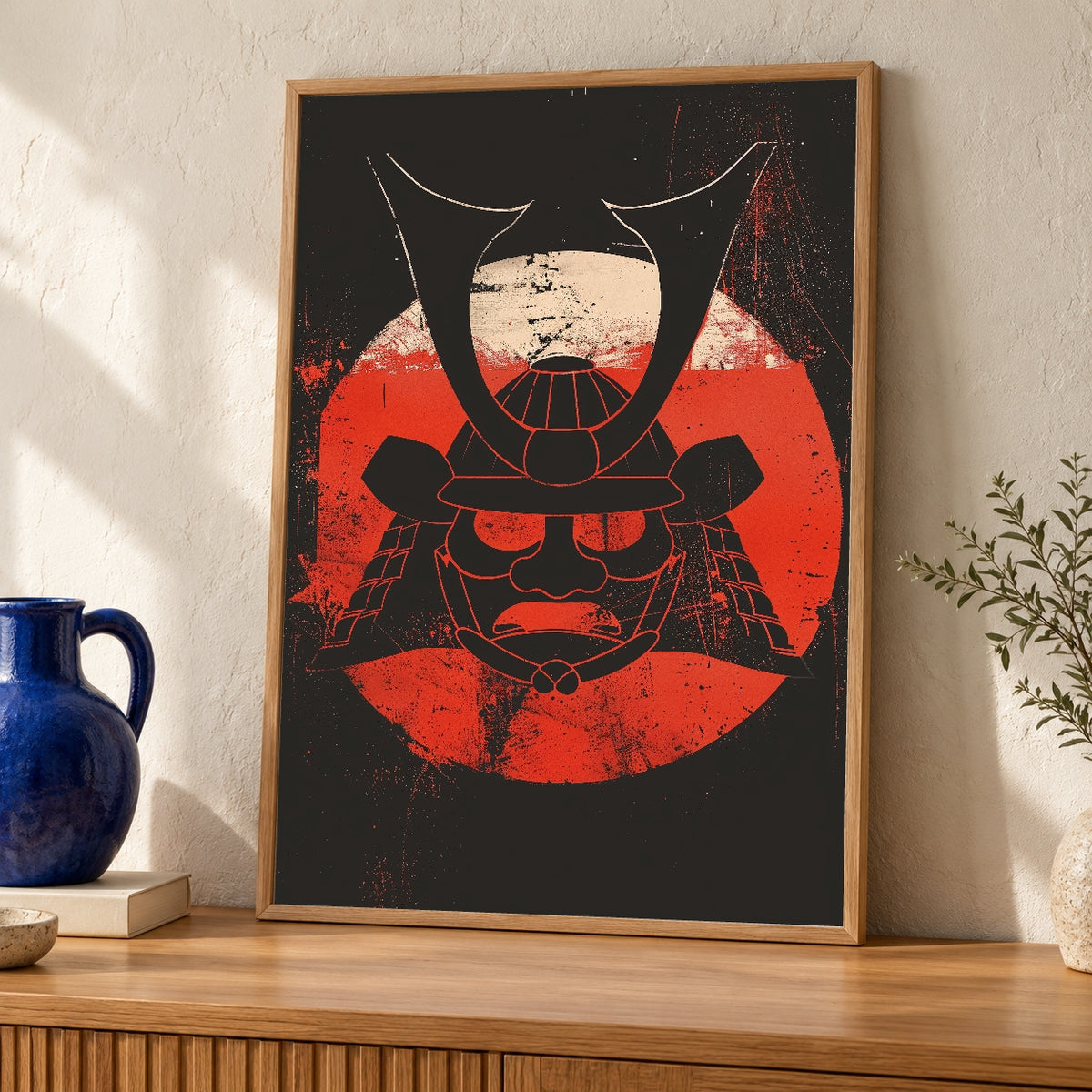 Samurai Helmet Wall Art, Japanese Kabuto Print, Red Sun Oni Mask — oak frame room mockup