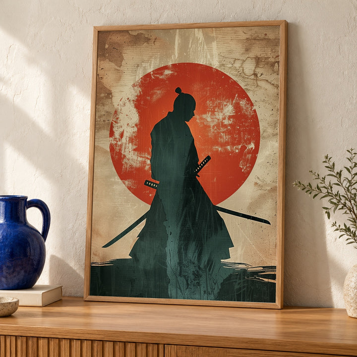 Samurai Silhouette Art, Japanese Warrior Katana Print, Retro Sun Poster