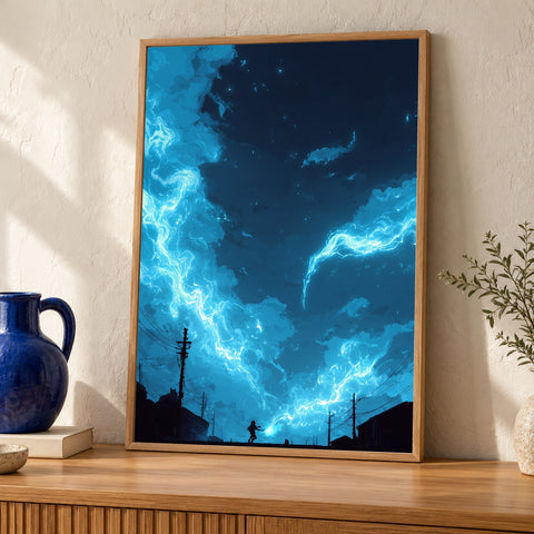 Fantasy Wall Art, Anime Night Battle, Blue Energy Sky — oak frame room mockup