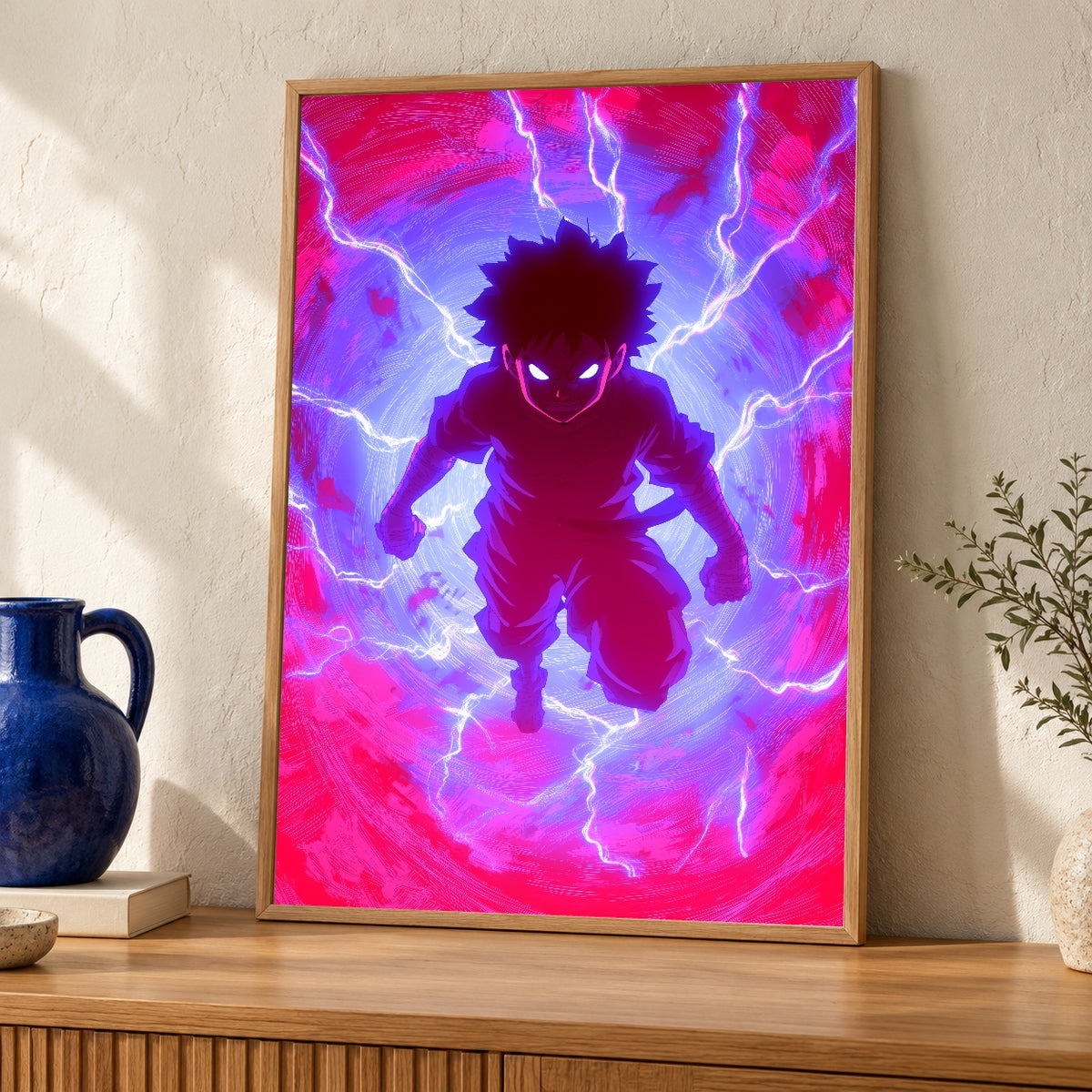 Hypebeast Decor, Shonen Warrior Lightning Anime Print, Retro Poster — oak frame room mockup