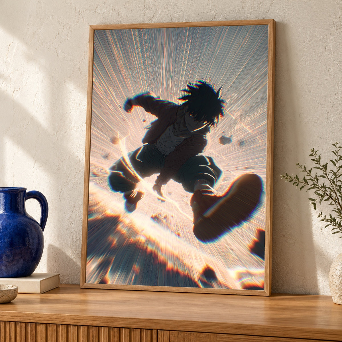 Hypebeast Poster, Anime Action Wall Art, Motion Blur Print — oak frame room mockup