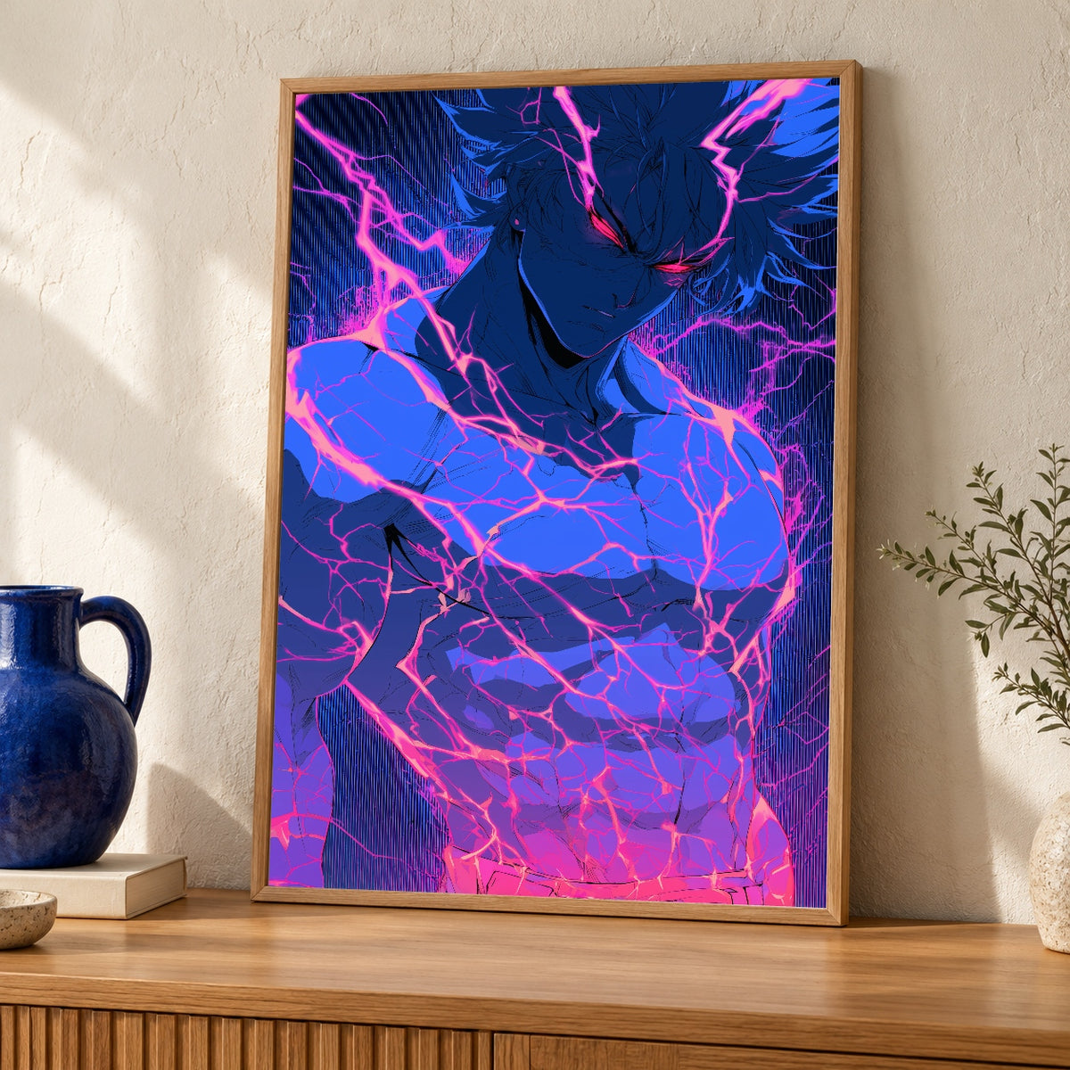 Hypebeast Decor, Dark Fantasy Neon Lightning Print, Gamer Gift — oak frame room mockup
