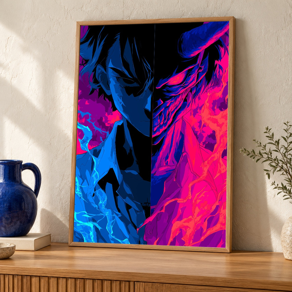 Dark Fantasy Art, Split Anime Demon Neon Duality Poster — oak frame room mockup