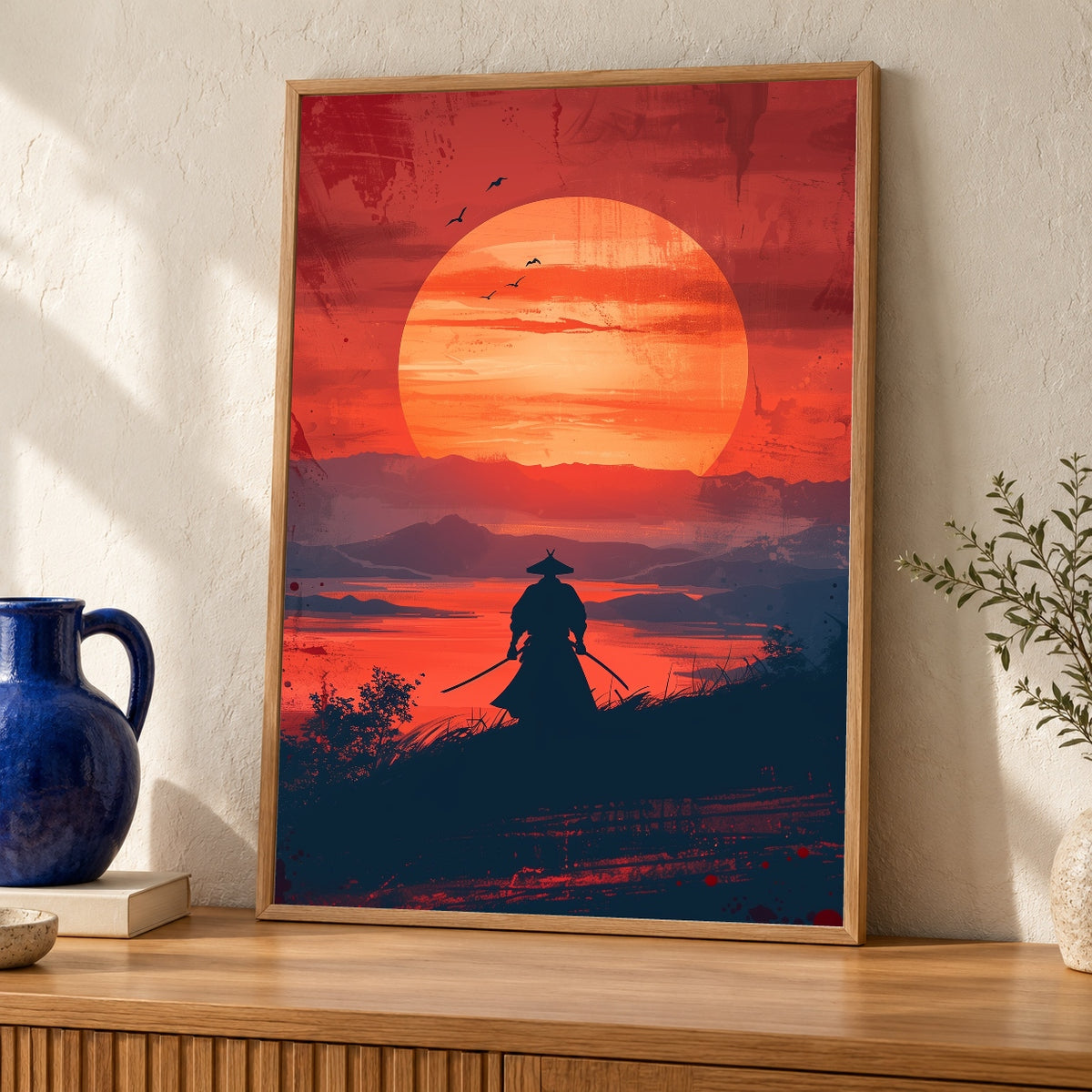 Samurai Sunset Art, Japanese Warrior Katana Print — oak frame room mockup