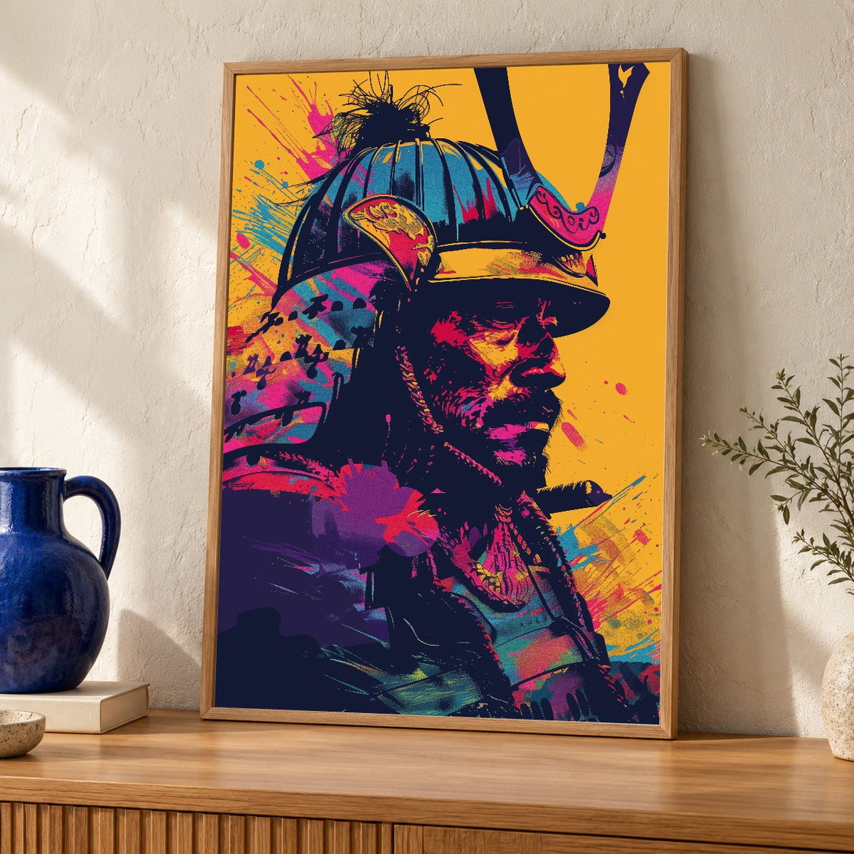 Samurai Pop Art, Japanese Warrior Print, Hypebeast Decor — oak frame room mockup