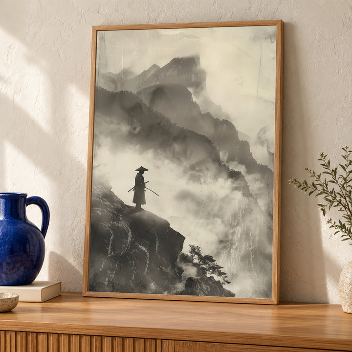 Samurai Wall Art, Japanese Ronin Misty Mountain Print