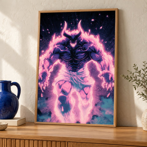Fantasy Wall Art, Dark Demon Anime Print, Pink Aura Glow — oak frame room mockup