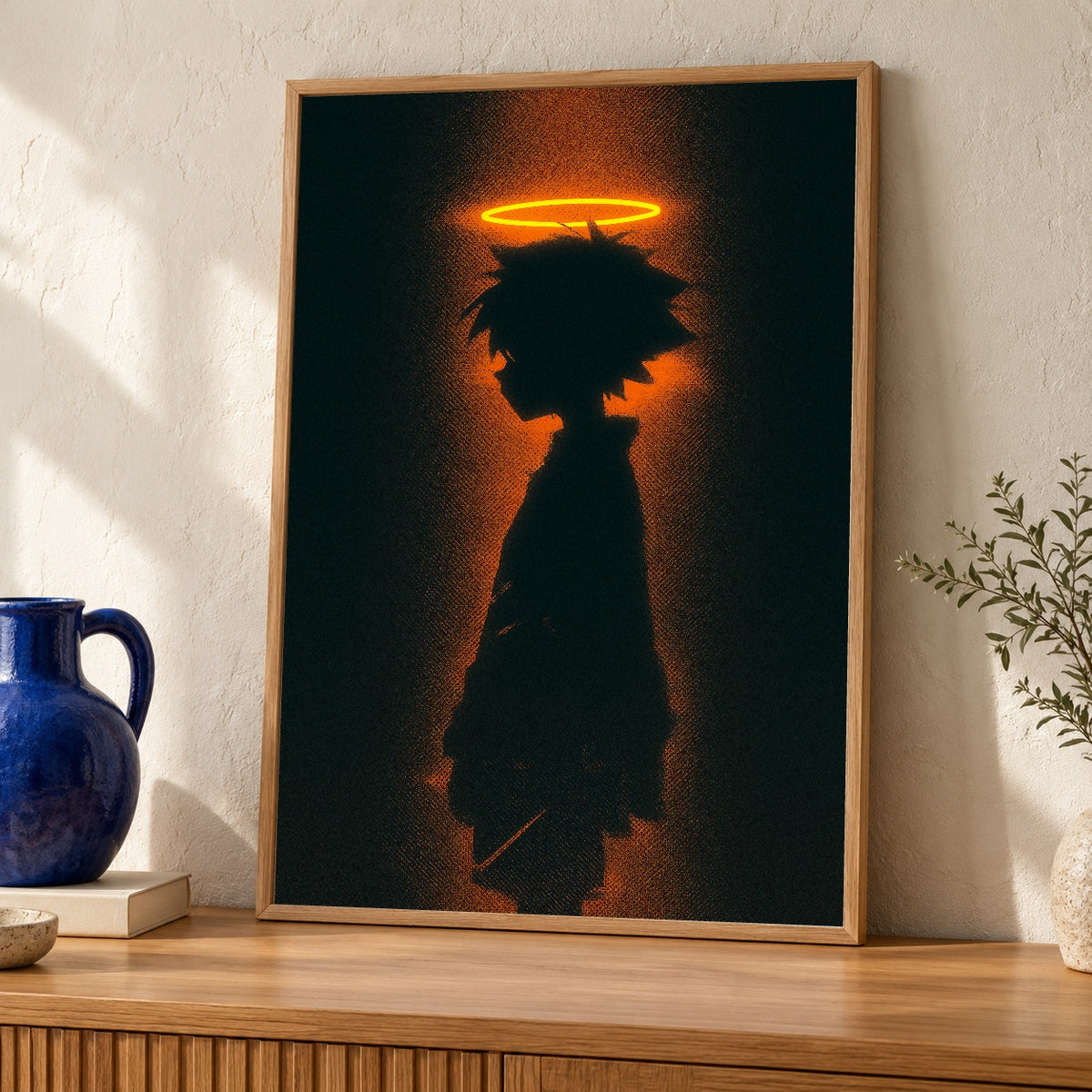 Dark Fantasy Art, Anime Silhouette Halo Glow Print — oak frame room mockup
