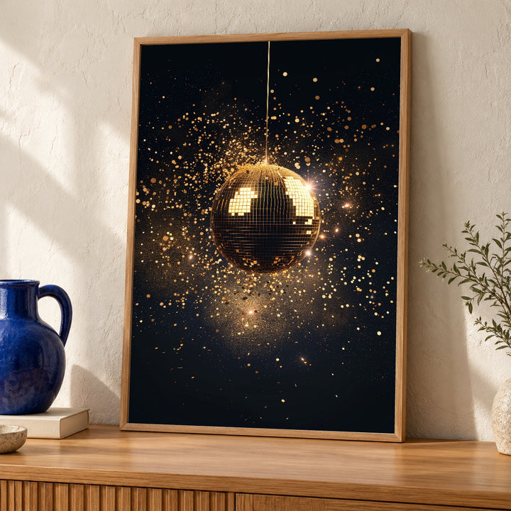 Gold Disco Ball Art, Luxury Black Glitter Spark Print