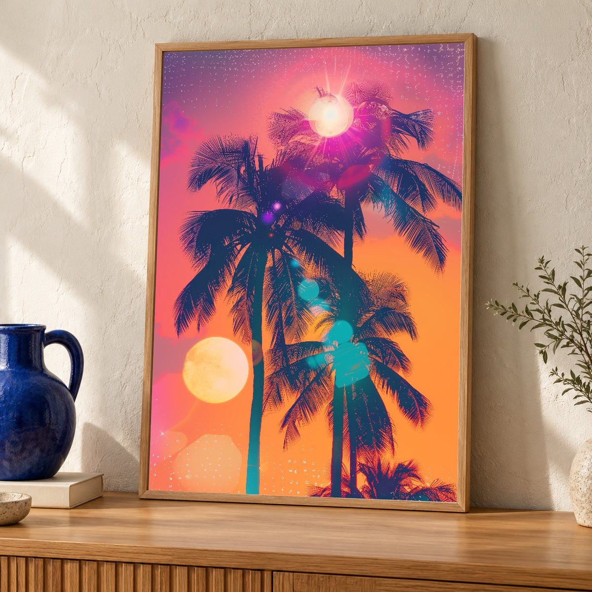 Retro Tropical Print, Palm Tree Sunset Poster, Vaporwave Neon — oak frame room mockup