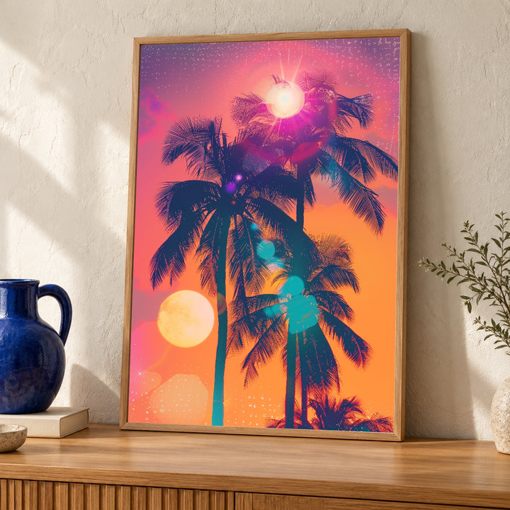 Retro Tropical Print, Palm Tree Sunset Poster, Vaporwave Neon