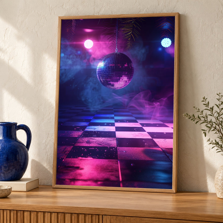 Retro Disco Ball Art, Neon Dance Floor Print