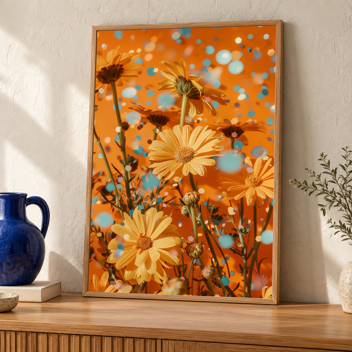 Retro Floral Wall Art, 70s Daisy Orange Print, Disco Sparkle Decor — oak frame room mockup