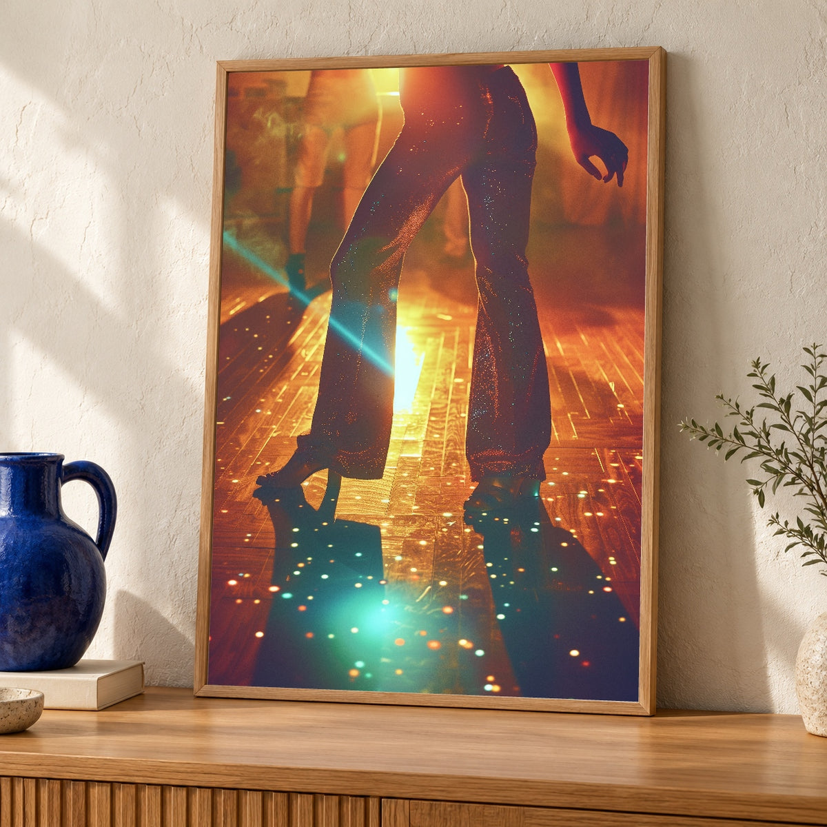 Retro Disco Wall Art, 70s Dance Floor Print, Sparkly Flared Pants — oak frame room mockup