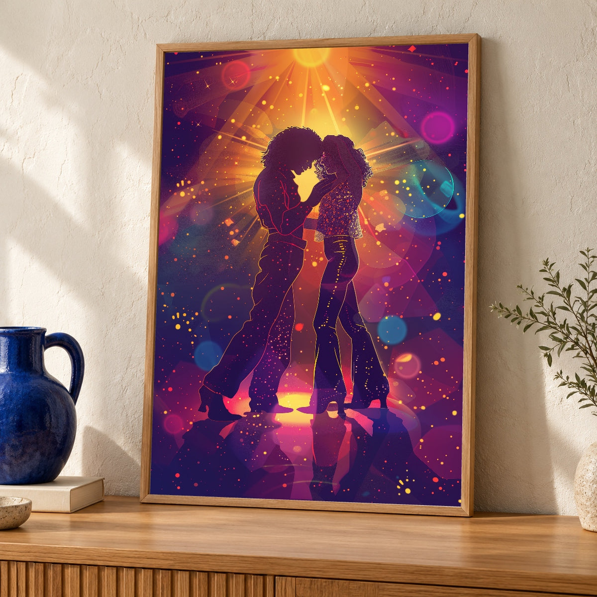Retro Disco Wall Art, 70s Dance Couple Neon Print — oak frame room mockup