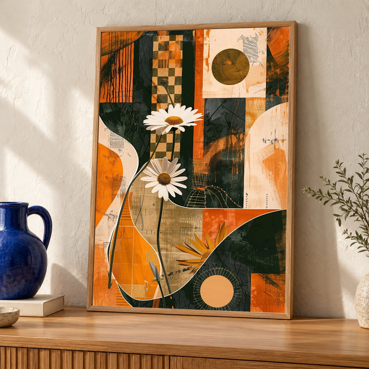 Retro Boho Wall Art, Groovy Daisy Floral Collage, Vintage Checker Poster