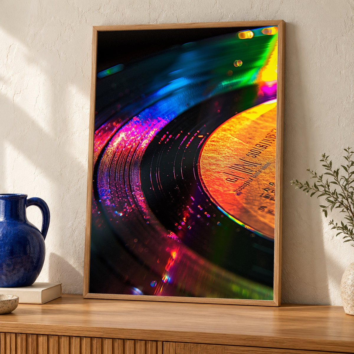 Vinyl Record Wall Art, Rainbow Neon Music Print, Retro LP — oak frame room mockup