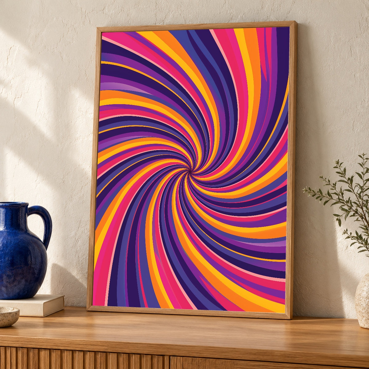 Psychedelic Poster, 70s Swirl Neon Print, Retro Wall Art — oak frame room mockup