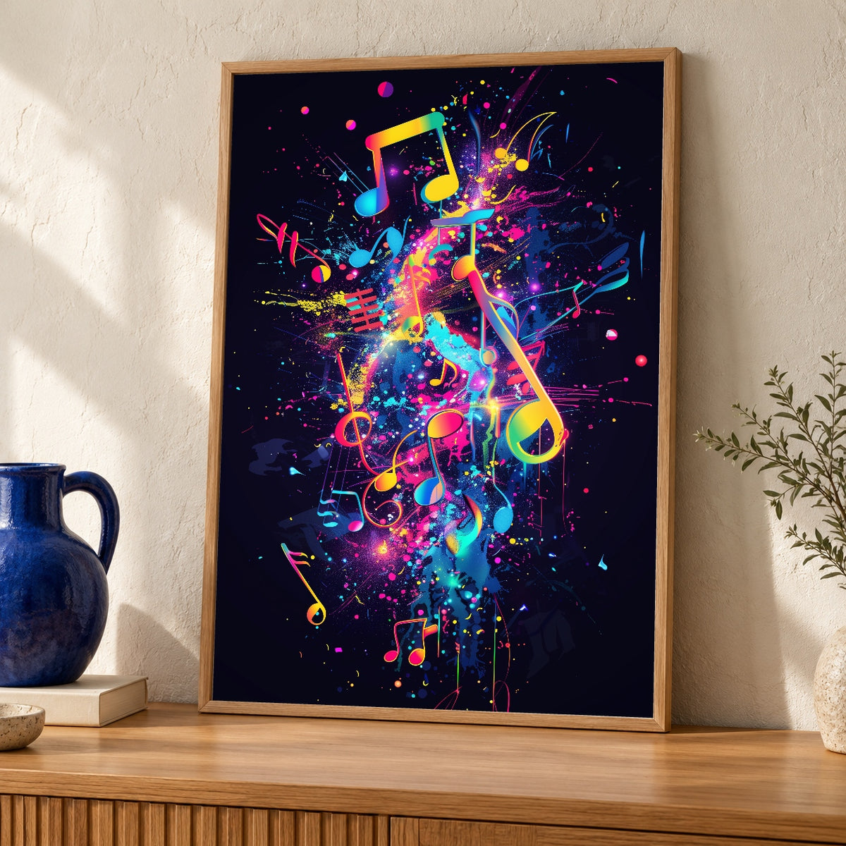 Neon Music Notes Art, Musical Explosion, Hypebeast Wall Decor — oak frame room mockup