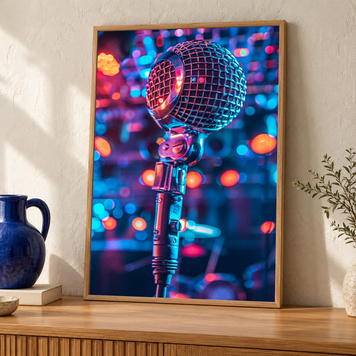 Vintage Microphone Wall Art, Neon Disco Ball Reflections Gloss Print, Retro Music Poster, Stage Lighting Decor, Gift for Singers & DJs