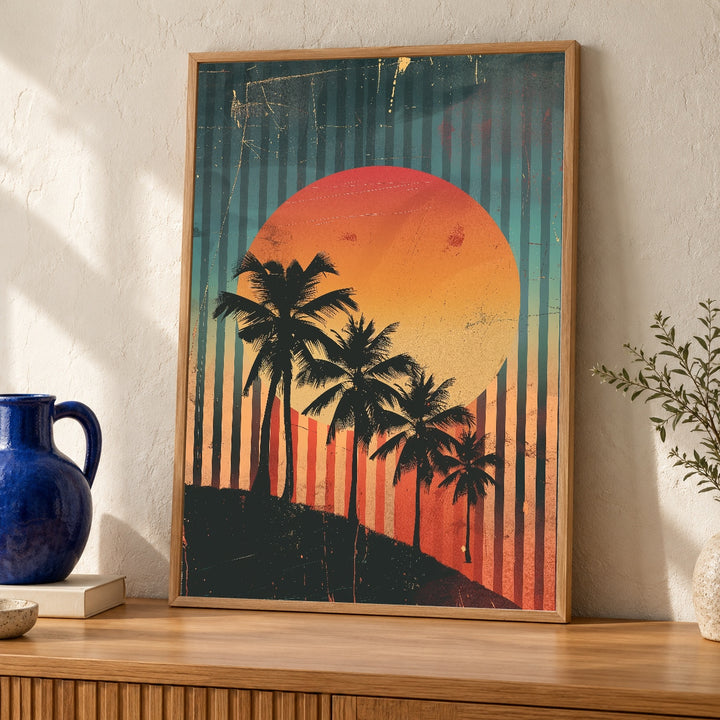 Retro Sunset Palm Art, Synthwave Tropical Poster, Vintage California Print