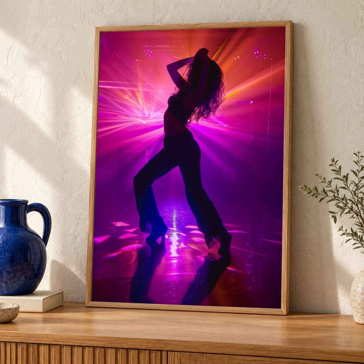 Retro Wall Art, Neon Disco Silhouette Print, Dancing Woman Poster — oak frame room mockup