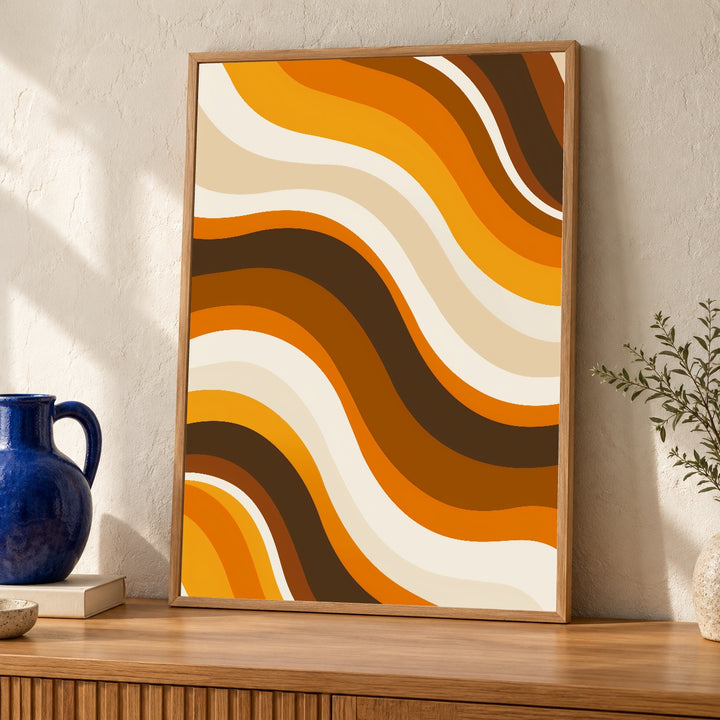 Retro Wall Art, 70s Groovy Wavy Pattern, Mustard Orange Print