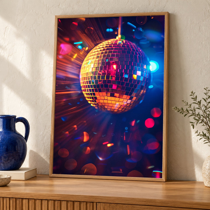 Retro Disco Ball Art, Vibrant 70s Mirror Ball Print