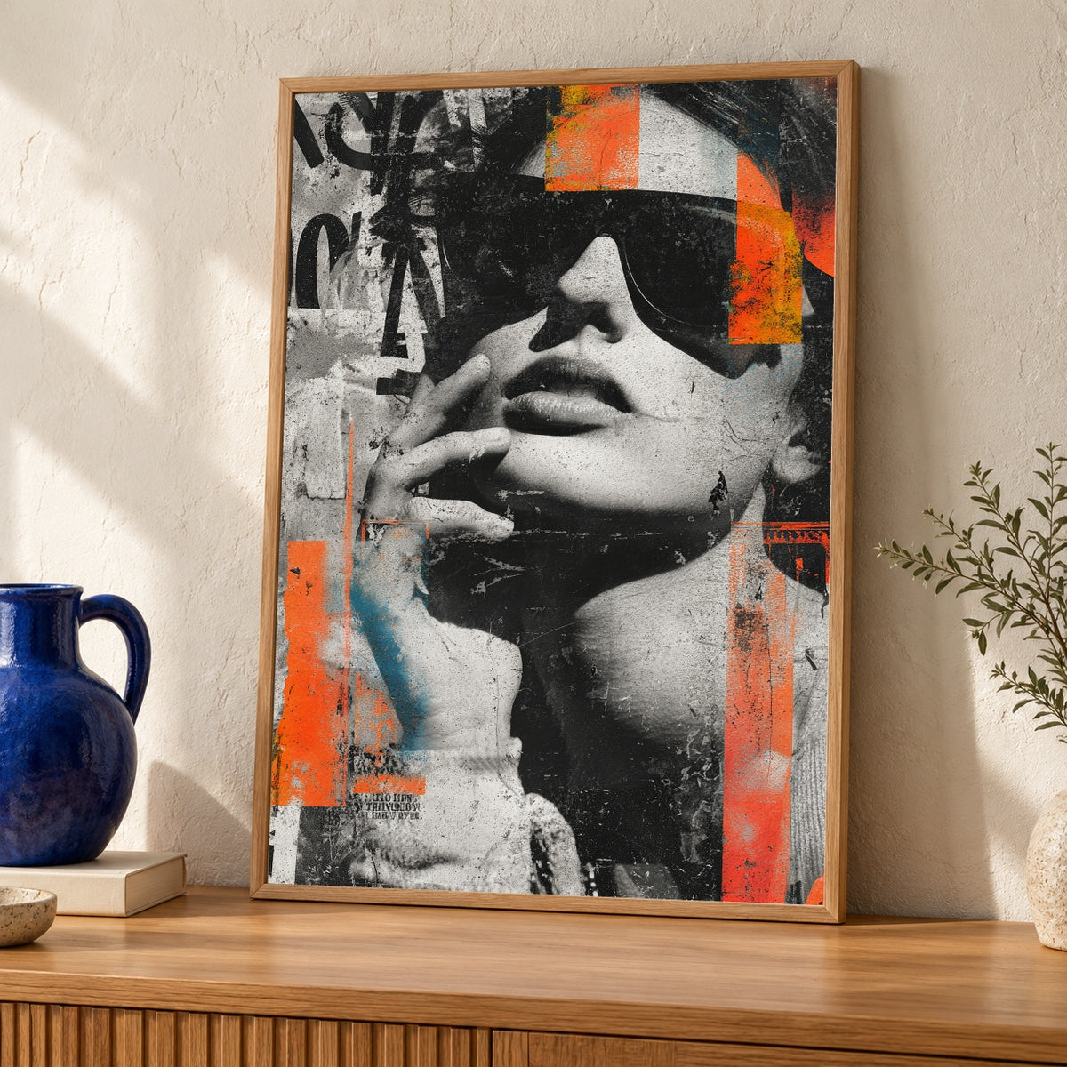 Hypebeast Decor Wall Art, Urban Collage Street Style Portrait Print — oak frame room mockup