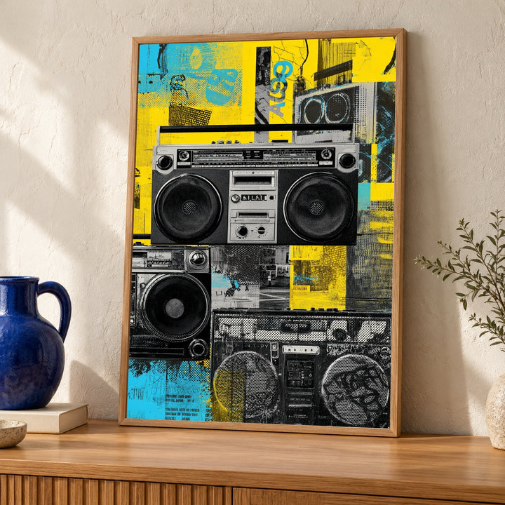 Retro Boombox Art, 90s Hip Hop Urban Collage, Vintage Music Poster
