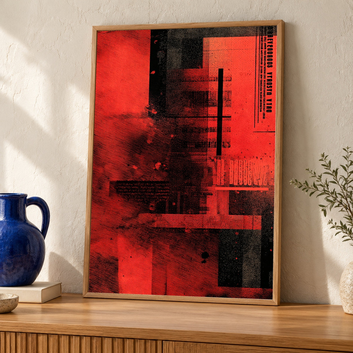 Hypebeast Decor Print, Abstract Red Black Industrial Poster — oak frame room mockup