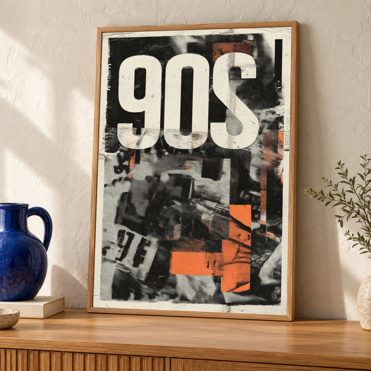 Hypebeast Decor, 90s Hip Hop Poster, Retro Urban Collage — oak frame room mockup
