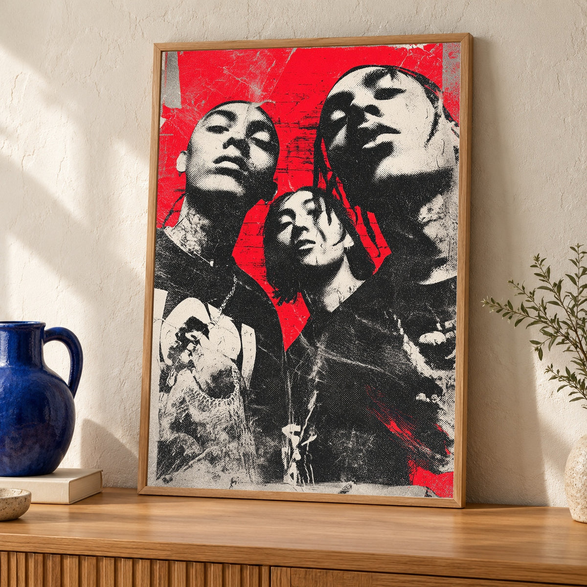 Hypebeast Decor, 90s Rap Collage Print, Gritty Streetwear Poster — oak frame room mockup