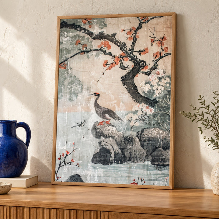 Japanese Ukiyo-e Art, Vintage Woodblock Crane Print, Retro Decor
