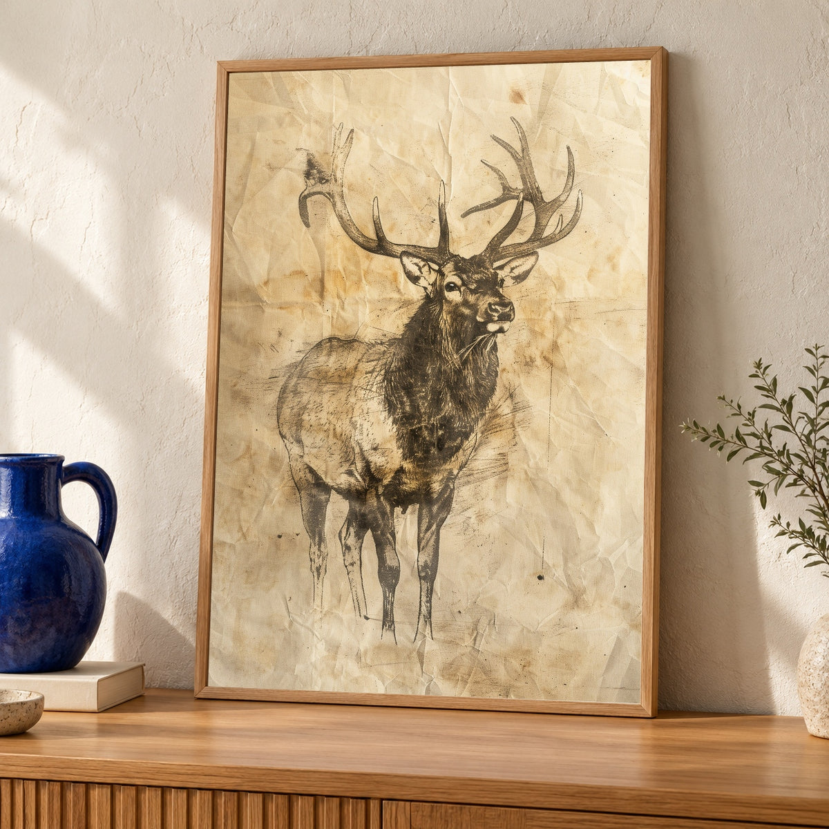 Vintage Elk Sketch, Antique Wildlife Illustration, Rustic Deer Wall Art — oak frame room mockup