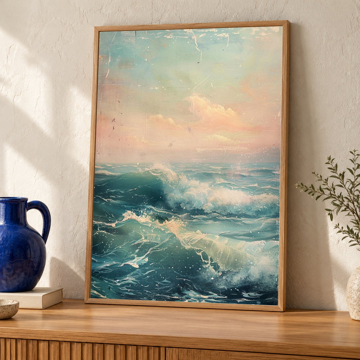 Coastal Ocean Waves, Vintage Seascape Painting, Nautical Wall Decor