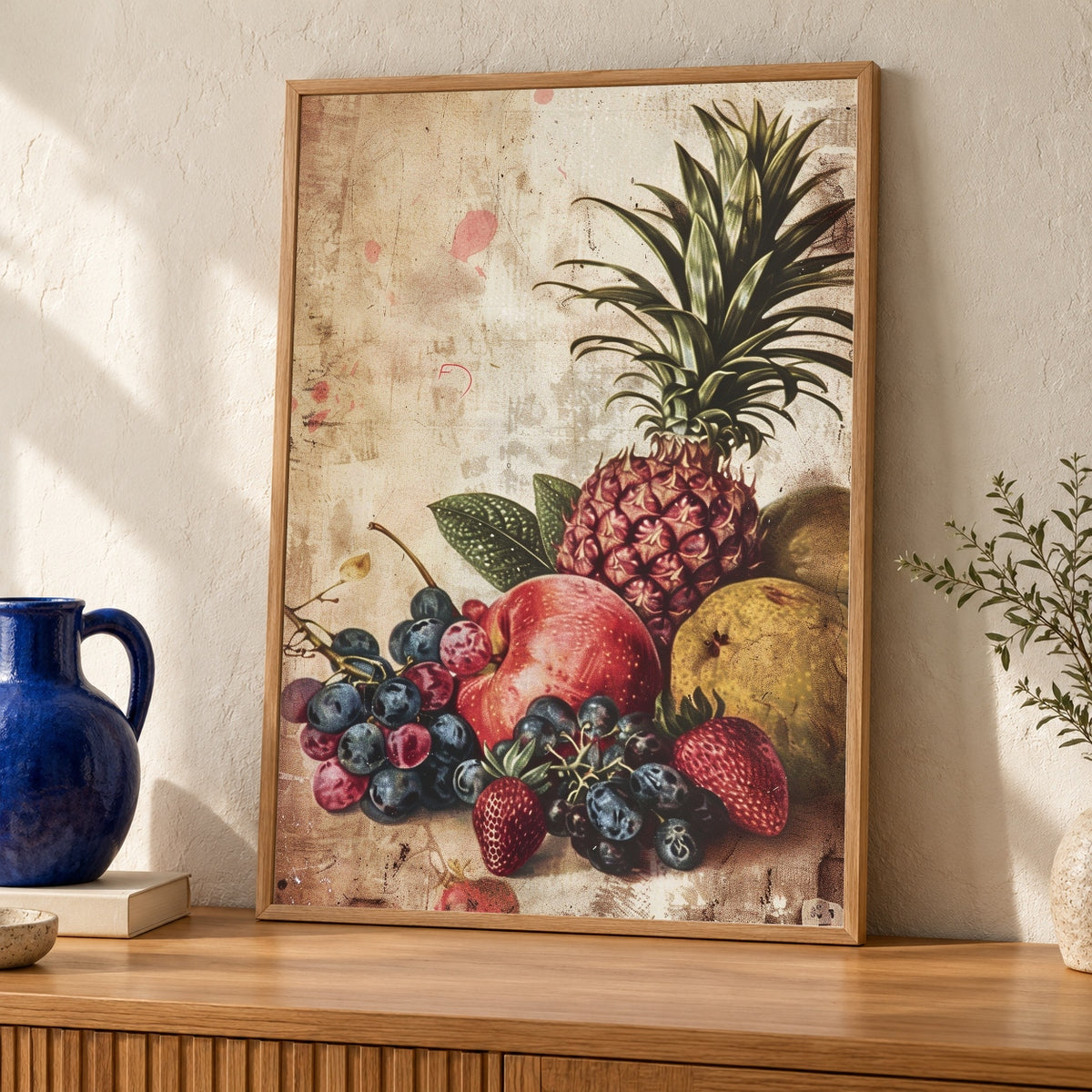Vintage Fruit Still Life, Antique Botanical Illustration — oak frame room mockup